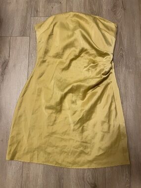 Wayf Strapless Satin Mini Dress in Lemon Yellow